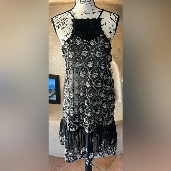 Anthropologie Sheer Embroidered Mini Dress